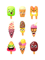 Hand Drawn Ice Cream Vector Artistic Drawing. Summer Illustration Sweet Fast Food Emoticon. Funny Emoji