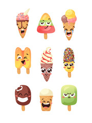 Hand Drawn Ice Cream Vector Artistic Drawing. Summer Illustration Sweet Fast Food Emoticon. Funny Emoji