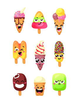 Hand Drawn Ice Cream Vector Artistic Drawing. Summer Illustration Sweet Fast Food Emoticon. Funny Emoji