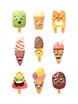 Hand Drawn Ice Cream Vector Artistic Drawing. Summer Illustration Sweet Fast Food Emoticon. Funny Emoji