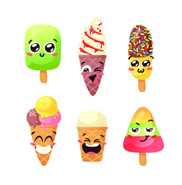 Hand Drawn Ice Cream Vector Artistic Drawing. Summer Illustration Sweet Fast Food Emoticon. Funny Emoji