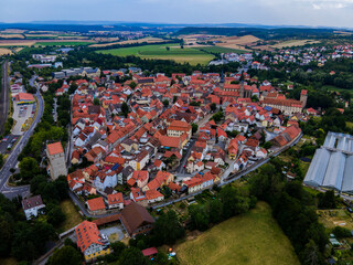 Aerial view of the old town of the city Münnerstadt in Germany, Bavaria on a late spring afternoon