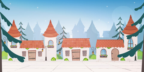 Provincial town. Fairy houses. Cartoon style. Vector illustration