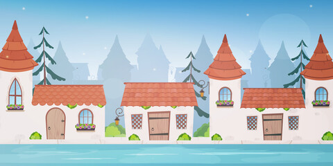 Provincial town with a water channel. Fairy houses. River in the city. Cartoon style. Vector illustration
