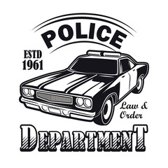 Monochrome sticker with police car vector illustration. Old style emblem for police department. Law and order concept can be used for retro template, banner or poster