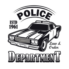 Monochrome sticker with police car vector illustration. Old style emblem for police department. Law and order concept can be used for retro template, banner or poster © Bro Vector