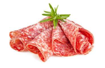 Decoration of sliced salami isolated on a white background. View from another angle in the...