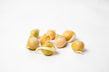 Sprouted pea bean seeds close up against a white background