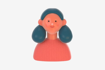 3D Bright people portrait - 3D render design concept illustration of a plastuc doll of a young woman, face and shoulders avatar. User picture volumetric icon