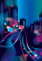 Big city nightlife with street lamps and bokeh blurred lights. Effect vector beautiful background. Blur colorful dark background with cityscape, buildings silhouettes skyline.