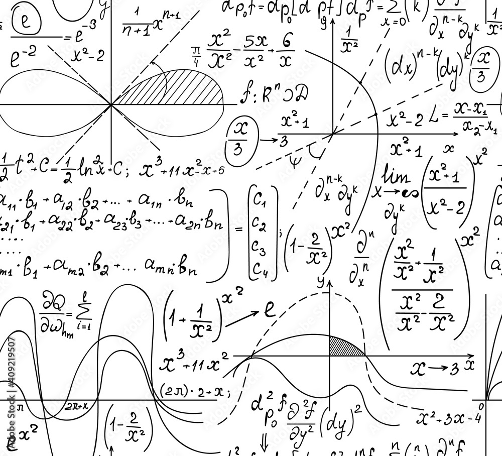 Wall mural math vector seamless background with formulas, plots and equations handwritten on a white paper