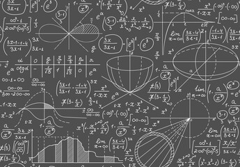 Math vector seamless pattern with handwritten algebra calculations, geometry figures and equations, "handwritten with chalk on a grey blackboard"