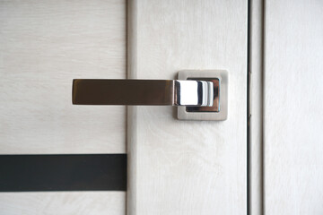Modern door knob on a wooden door closeup.