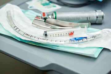 A set of endotracheal tube for anesthesia on the table