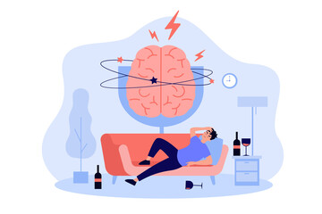 Person sleeping on couch among glasses and bottles of liquor, feeling headache and hangover. Painful brain of drunk man. Vector illustration for booze problems, alcohol addiction, drunkard concept