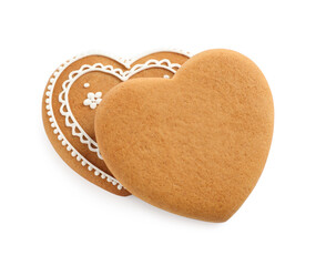 Tasty heart shaped gingerbread cookies isolated on white, above view
