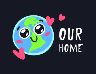 Set of Hand Drawn Emoji Childish Illustration Our Home in Cosmos. Vector Drawing Planet Earth in Space. Cartoon Solar System object Emoticon