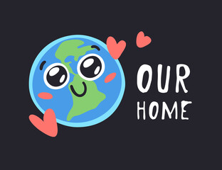 Set of Hand Drawn Emoji Childish Illustration Our Home in Cosmos. Vector Drawing Planet Earth in Space. Cartoon Solar System object Emoticon