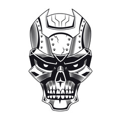 Cyborg skull emblem design. Monochrome element with aggressive humanoid machines head vector illustration. Robotics concept for symbols or tattoo templates
