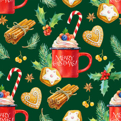 Christmas seamless watercolor pattern. Tasty set of Christmas drinks and sweets. Watercolor illustration of cup of hot chocolate, cookies, cinnamon and gingerbread. Watercolor christmas cocoa drink
