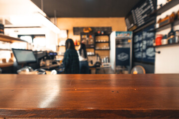 Bar and wooden table in the cafe Natural light