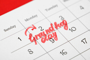 Calendar with date reminder about Groundhog day, closeup