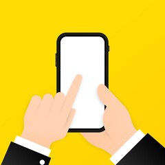Hand holding phone with blank screen banner. Using smartphone concept. Vector on isolated background. Eps 10
