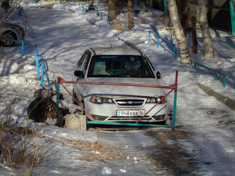 Kazakhstan, Ust-Kamenogorsk, january 16, 2021: Daewoo Nexia. White korean car