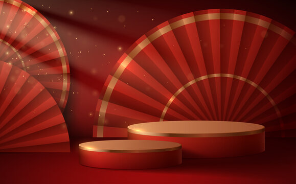 Abstract red and gold podium background with fans and light effect