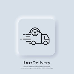 Fast delivery truck icon. Express delivery logo. Vector. UI icon. Distribution service, express transportation. Food delivery. Neumorphic UI UX white user interface web button. Neumorphism style.