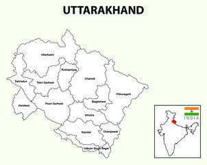 Uttarakhand map. Highlight Uttarakhand map on the India map with a boundary line. Uttarakhand district map white color.
