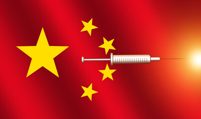 Chinese flag stars on red background with covid vaccine syringe  poised like a missile