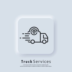 E-commerce. Track service. Truck shipping. Vector. UI icon. Fast delivery truck icon. Express delivery logo. Distribution service. Neumorphic UI UX white user interface web button. Neumorphism.