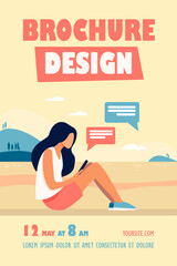 Young girl sitting on lawn with smartphone. Nature, mail, mobile phone flat vector illustration. Communication and digital technology concept for banner, website design or landing web page