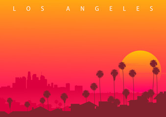 Los Angeles skyline, CA, USA. Symbolic illustration with the sunset over downtown LA. (original not derived image) - obrazy, fototapety, plakaty
