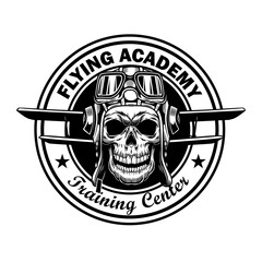 Flying academy stamp design. Monochrome element with skull in pilot helmet, plane wings vector illustration with text. Pilot training school concept for labels and emblems templates