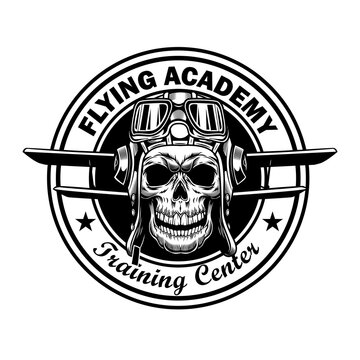 Flying academy stamp design. Monochrome element with skull in pilot helmet, plane wings vector illustration with text. Pilot training school concept for labels and emblems templates