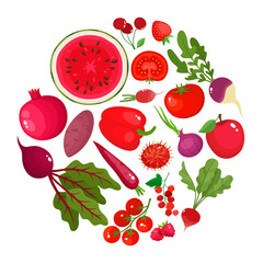 Vector concept of red fruit, vegetables, eat colors for health