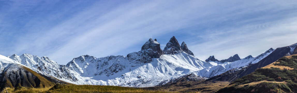 Large panorama of Aiguilles d Arves with snow - Savoy -French Alps
