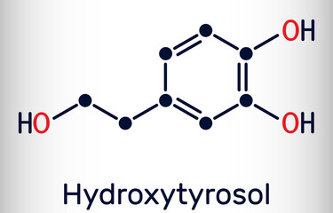 Hydroxytyrosol molecule. It is catechol, phenolic phytochemical occurring in extra virgin olive oil, with antioxidant, anti-inflammatory activities. Skeletal chemical formula