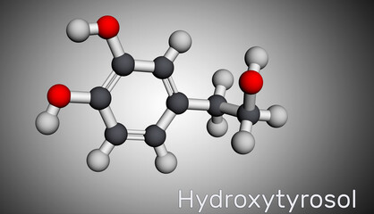 Hydroxytyrosol molecule. It is catechol, phenolic phytochemical occurring in extra virgin olive oil, with antioxidant, anti-inflammatory activities. Molecular model. 3D rendering