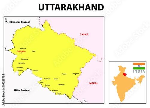 Uttarakhand In India Map Uttarakhand Map Highlight Uttarakhand Map On India Map With A Boundary Line  Uttarakhand Major Cities Map Wall Mural-Awesome Artt