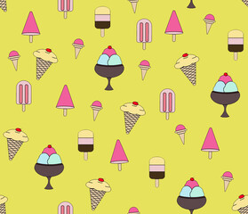 Drawing of different varieties of ice cream on a yellow background, summer dessert.Seamless background.