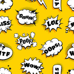 Seamless Pattern with Pop art speech bubble and text. Cartoon style vector collection of frames and Words. Comic illustration on halftone background