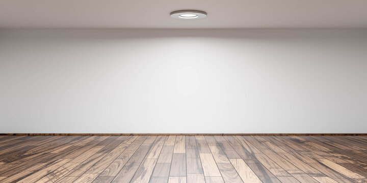 Empty white room with wooden floor 3d render illustration with bright light from ceiling 3d render illustration