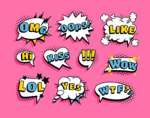 Pop art speech bubble drawing with text. Cartoon style vector collection of frames. Comic illustration on color background