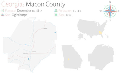 Large and detailed map of Macon county in Georgia, USA.