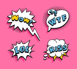 Pop art speech bubble drawing with text. Cartoon style vector collection of frames. Comic illustration on color background
