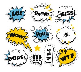 Pop art speech bubble drawing with text. Cartoon style vector collection of frames. Comic illustration on color background