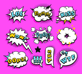 Pop art speech bubble drawing with text. Cartoon style vector collection of frames. Comic illustration on color background
